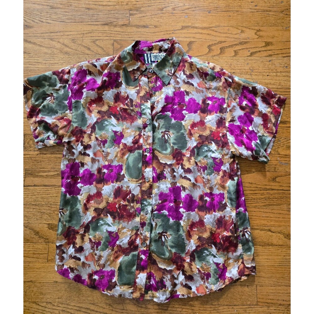 Forenza Vintage Womens Floral Print 100% Silk Button Down Short Sleeve Medium